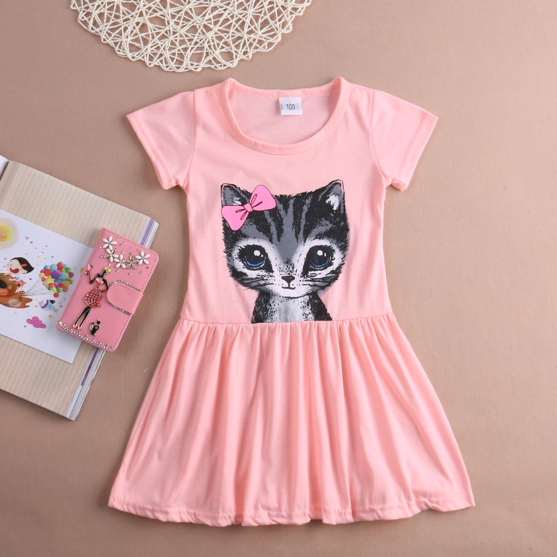 

Cute Cartoon Cat Print Short-sleeve Dress for Baby and Toddler Girl