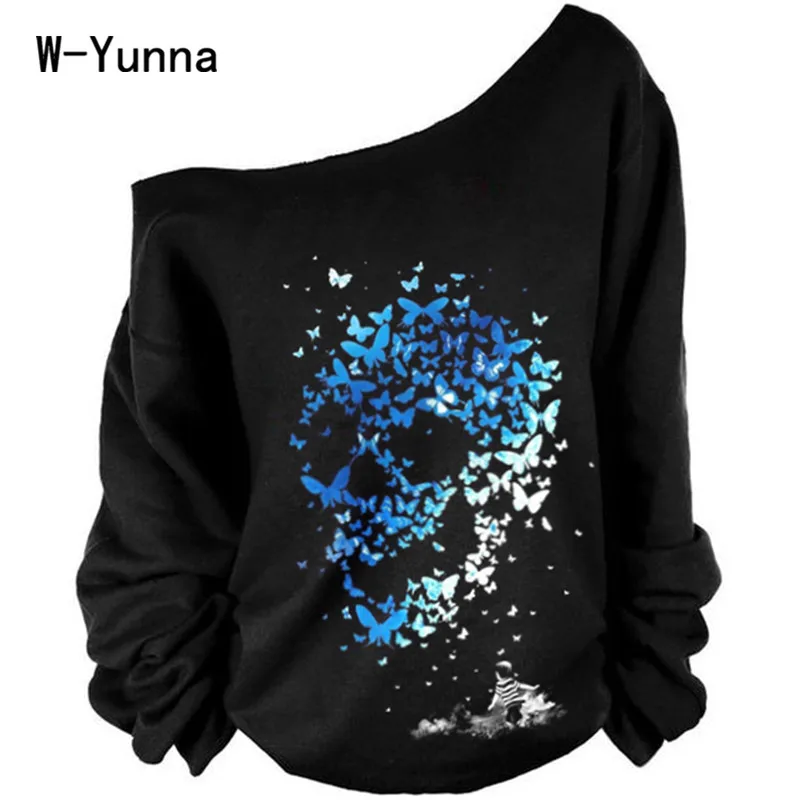 

W-Yunna 2019 Autumn New Black Sweatshirts Women Harajuku Skull Printed Off Shoulder Sudadera Mujer Sexy Long Sleeve Top Blosue