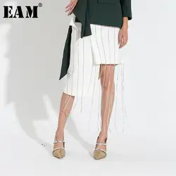 [EAM] 2019 Весна Модный Новый Швейные кисточки Высокая талия асимметричный подол сплошной цвет модные пикантные по колено юбка для женщин YA062