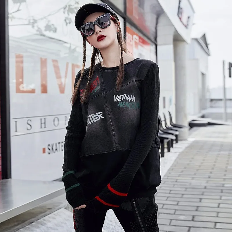 Max LuLu Famous Brand Ladies Punk Knitted Tops Tee Shirts Womens Denim Long Sleeve T-shirt Vintage Ladies Harajuku Winter Tshirt