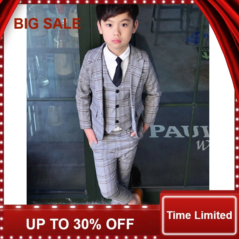 

Boy Spring/summer Suit Three-piece Set Boy Plaid suit Jacket British Vest+coat+Pants suit Vestido