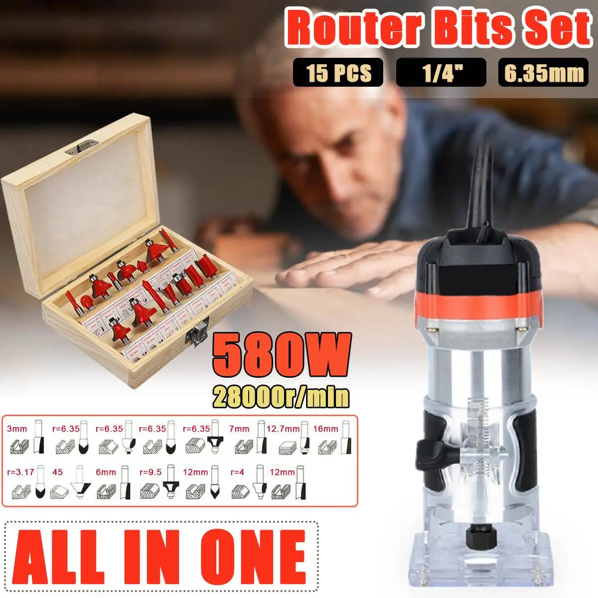 

Wood Trimmer Bit 30000r 220V Electric Hand Trimmer With 15PCS 1/4" 6.35mm Router Bits Set With Case