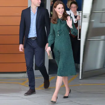 

2019 Summer Elegant Green Dot Women Long Dress Designer Pearls Buttons Lace Up Long Sleeve Ladies Party Midi Dresses Clothing