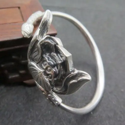 

Solid 925 Sterling Silver Lotus Pattern Open Bangle Can Adjust from 55mm to 62mm