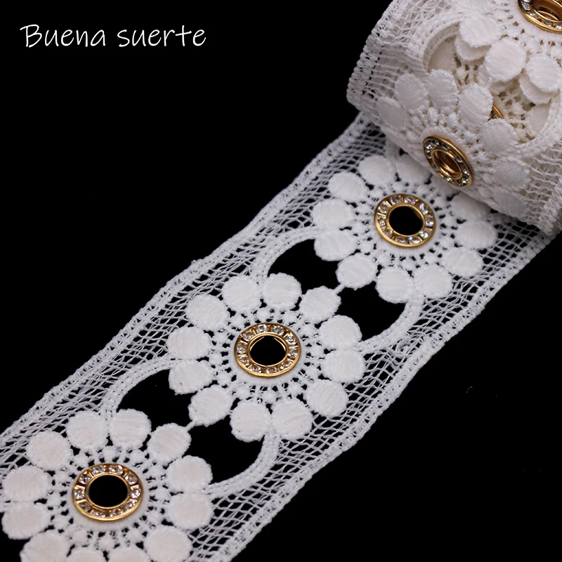 

New! Handmade White Flower Copper Ring Diamond Belt Embroidered Lace Ribbon Fabric Handmade DIY Dress Lace Trim Sewing Craft