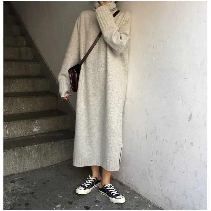 Women Winter Turtleneck Pullover Sweater Dress Casual Long Knitted Dress Female Loose Solid Pullovers Long Split Sweater Robe Women Winter Turtleneck Pullover Sweater Dress Casual Long Knitted Dress Female Loose Solid Pullovers Long Split Sweater Robe