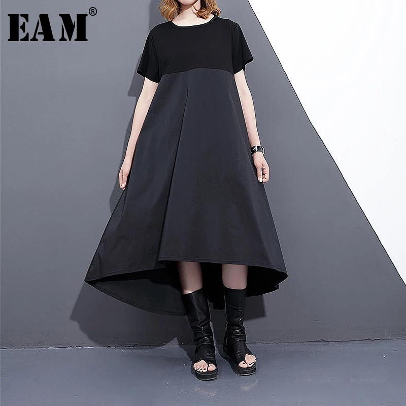 

[EAM] 2019 New Spring Summer Round Neck Short Sleeve Black Loose Hit Coor Back Long Pleated Stich Dress Women Fashion Tide F558