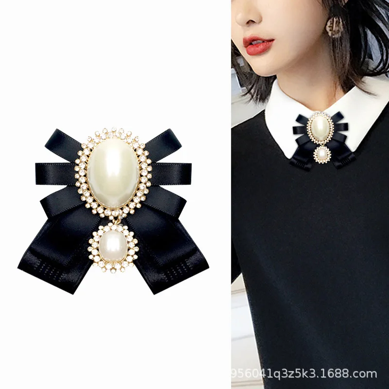 

Lady Pearl Fabric Red Blue Ribbon Bowknot Brooches Pins Bow Tie Female Retro Rhinestone Shirt Necktie Bowtie Accessories Jewelry