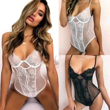 

Womens Bodycon Bodysuit Lace Sleeveless V Neck Leotard Jumpsuit Tops UK