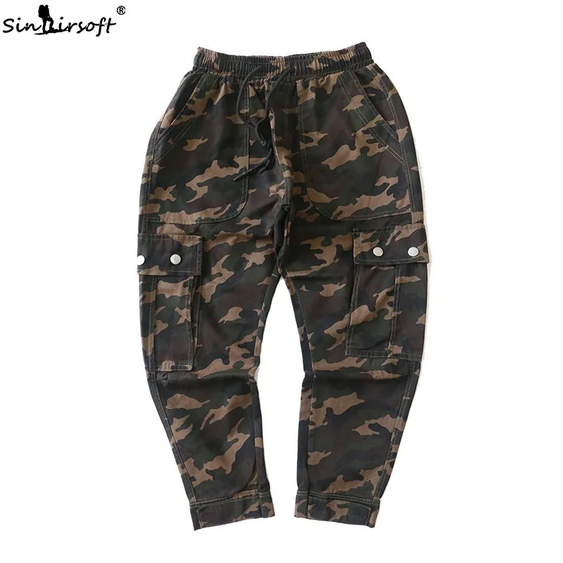 

Drawstring Waist Vintage Camouflage Pants Men Loose Ankle-Length Cargo Pants Male Side Big Pockets Streetwear Army Harem Clothes