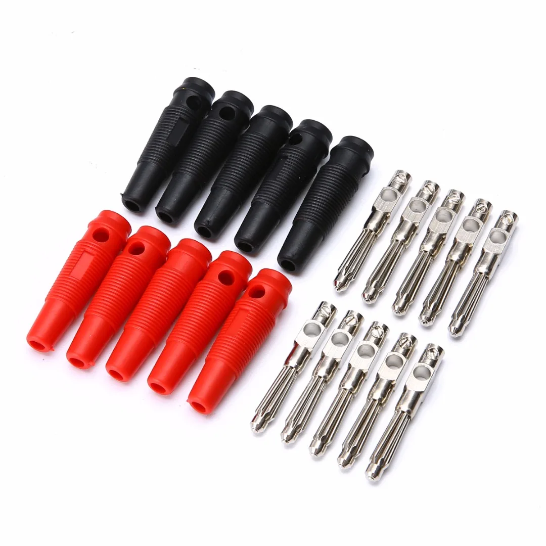 

10pcs 4mm Side Stackable Banana Plugs Connectors Red Black Male High Current Solderless Screw Banana Connector Copper