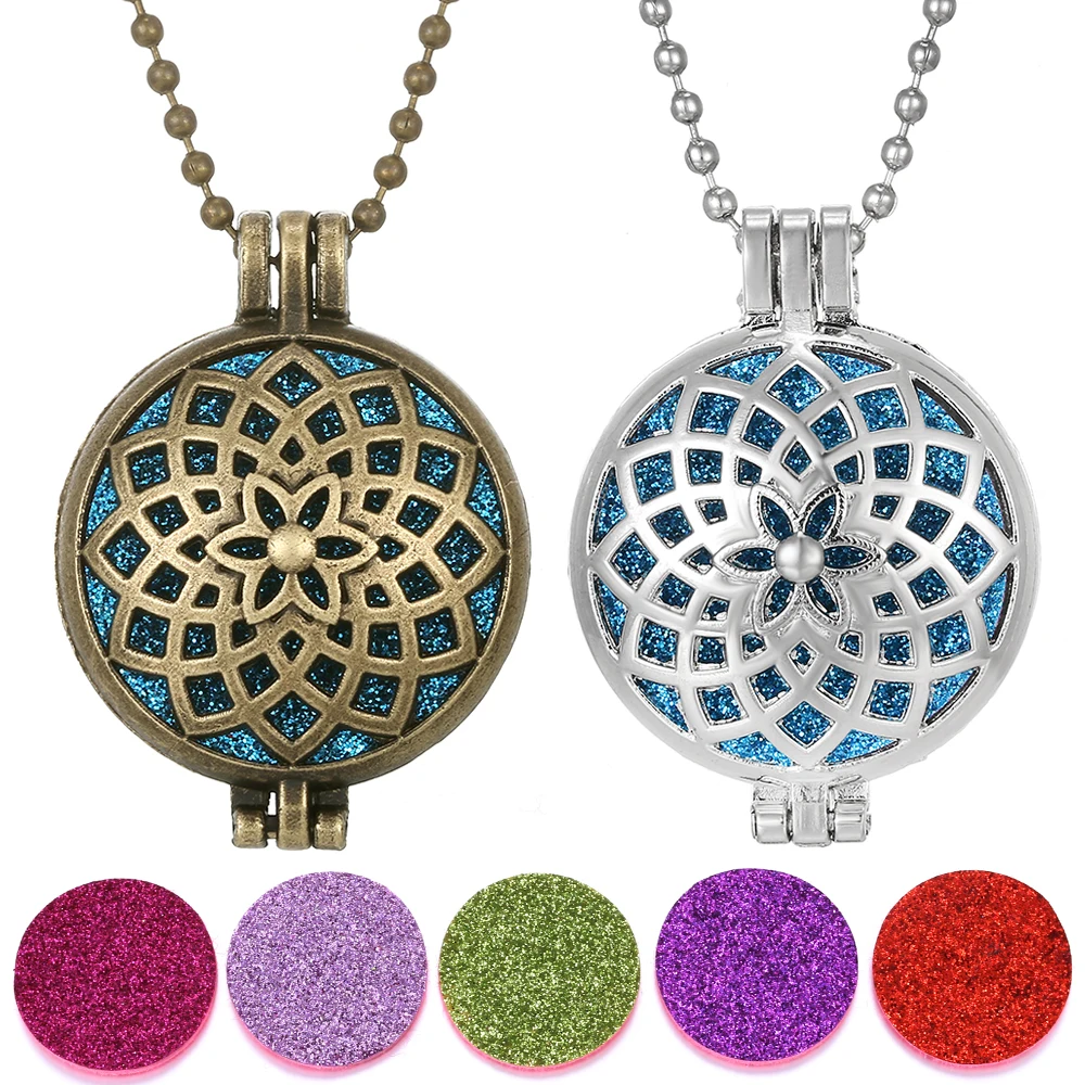 

Aroma Diffuser Necklace Open Antique Vintage Lotus Lockets Pendant Perfume Essential Oil Aromatherapy Locket Necklace with Pad