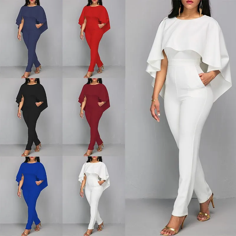 Lady White Elegant O-Neck Solid Cape Sleeve Jumpsuit Women Jumpsuits Boycon Slim Backless Jumpsuits Rompers Lady White Elegant O-Neck Solid Cape Sleeve Jumpsuit Women Jumpsuits Boycon Slim Backless Jumpsuits Rompers