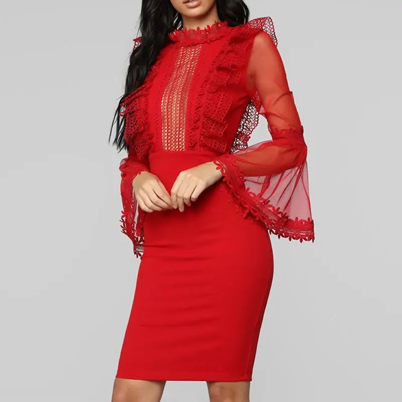 

Elegant Sexy Vintage Red Summer Party Women Midi Dresses Office Lady Bodycon Flare Sleeve Hollow Mesh Stand Collar Retro Dress