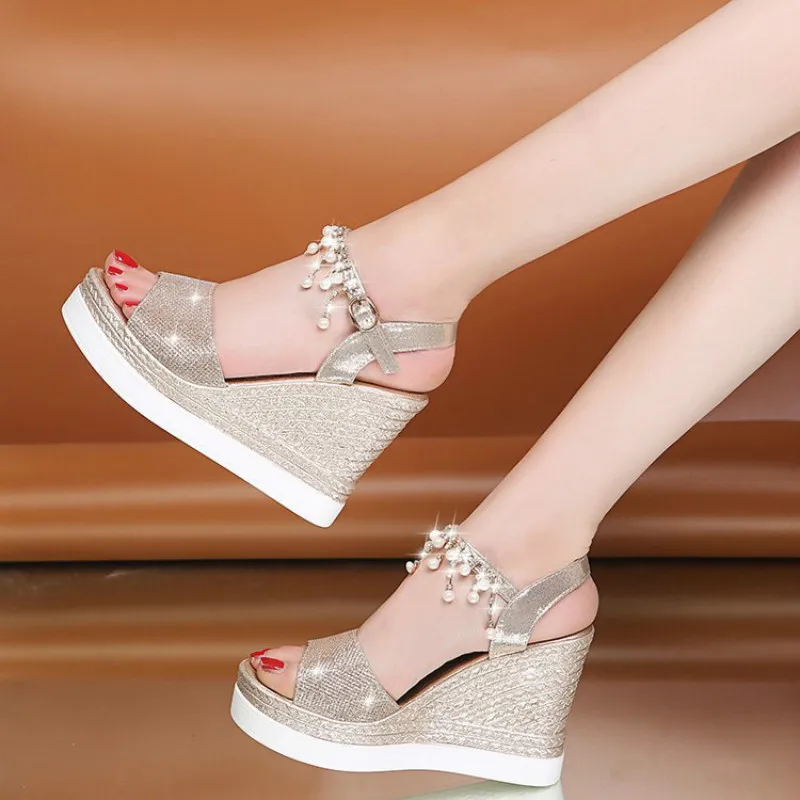SWONCO Gladiator Sandals Women Summer Shoes Sliver Rhinestone Casual Shoes Chunky Sandals Ankle Strap Heels Sandal For Woman