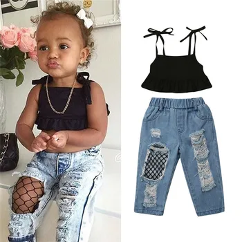 

2019 Summer 2 pcs outfits baby clothes set baby girls Newborn Baby Girl Vest Tops Clothes Hole Fishnet Jeans Pants Outfit Set