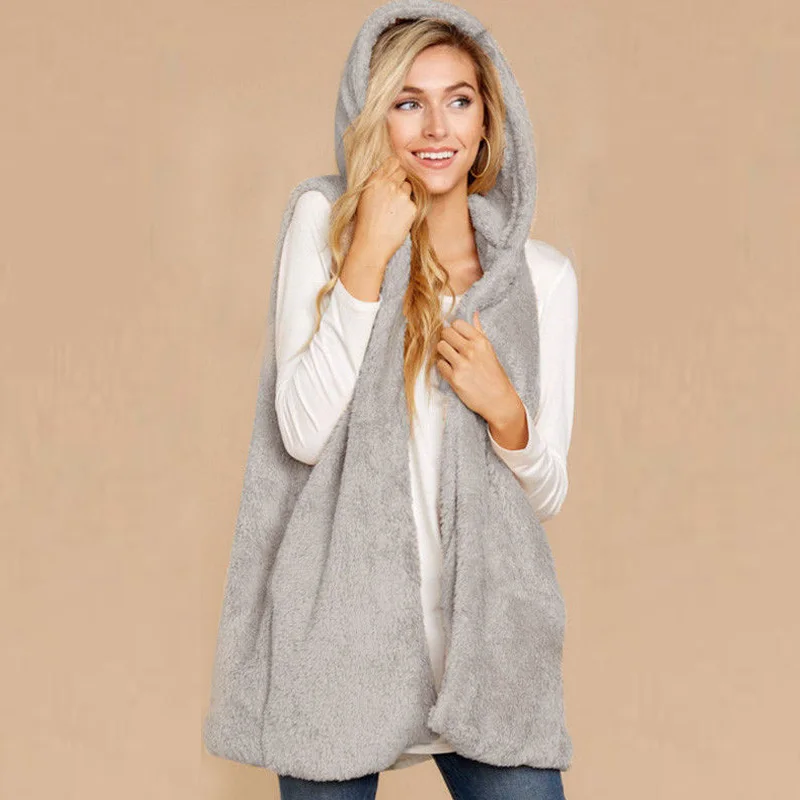

Women Faux Fur Vests Fleece Warm Jacket Winter Sleeveless Coats Outwears Loose Knitt Jumper Cardigan Outwear Coats Female 2018