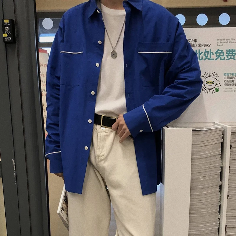 

Men's Long Sleeve Shirt Harbor Wind Teen Solid Color Personality Shirt 19 Spring And Summer New Fashion Casual Loose Blue White