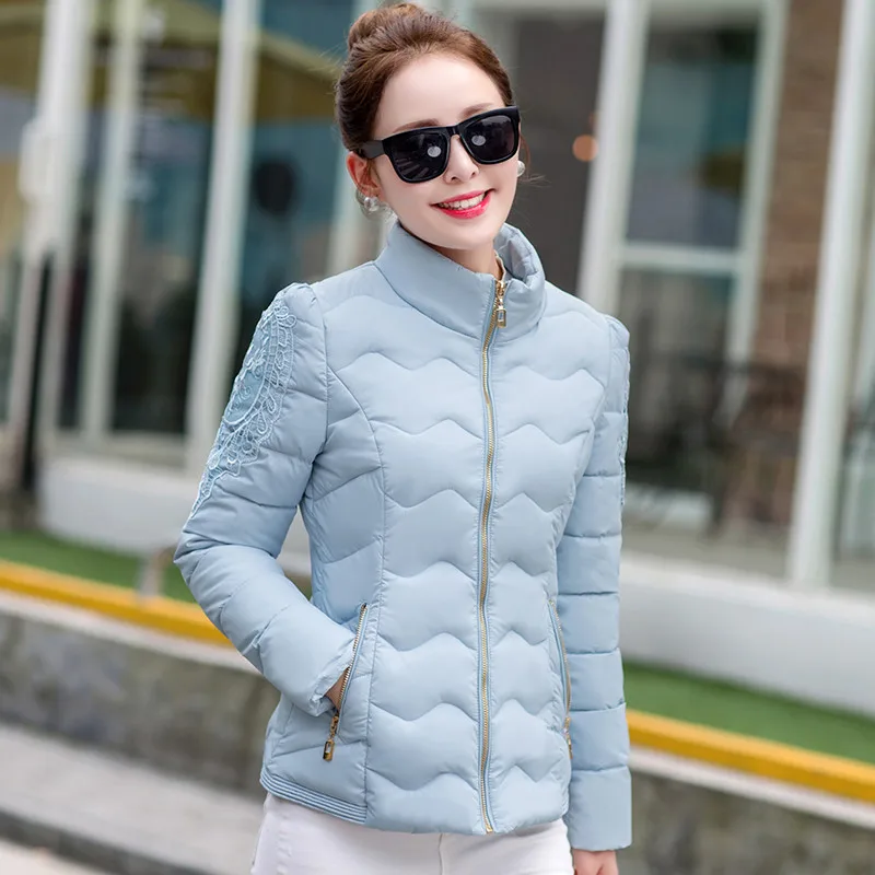 Fashion Autumn Winter Jackets for Women Warm Solid Slim Stand-collar Short Parkas Lace Embroidered Female Outwear Cotton Padded