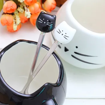 

Harajuku Durable Ice Cream Cartoon Black White Cat Head Spoons Baby kids children Feeding Coffee Stainless Steel Cute Teaspoon