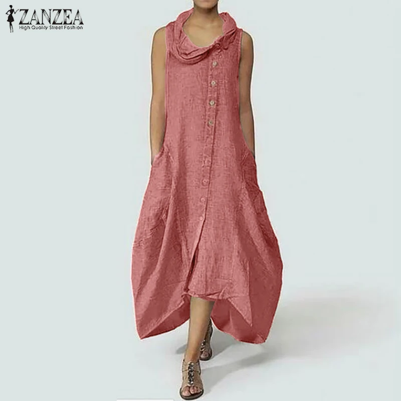 ZANZEA الصيف ماكسي اللباس المرأة السببية فستان طويل الإناث زر أسفل غير المتكافئة Vestido حزب المرأة فستان الشمس المتضخم رداء