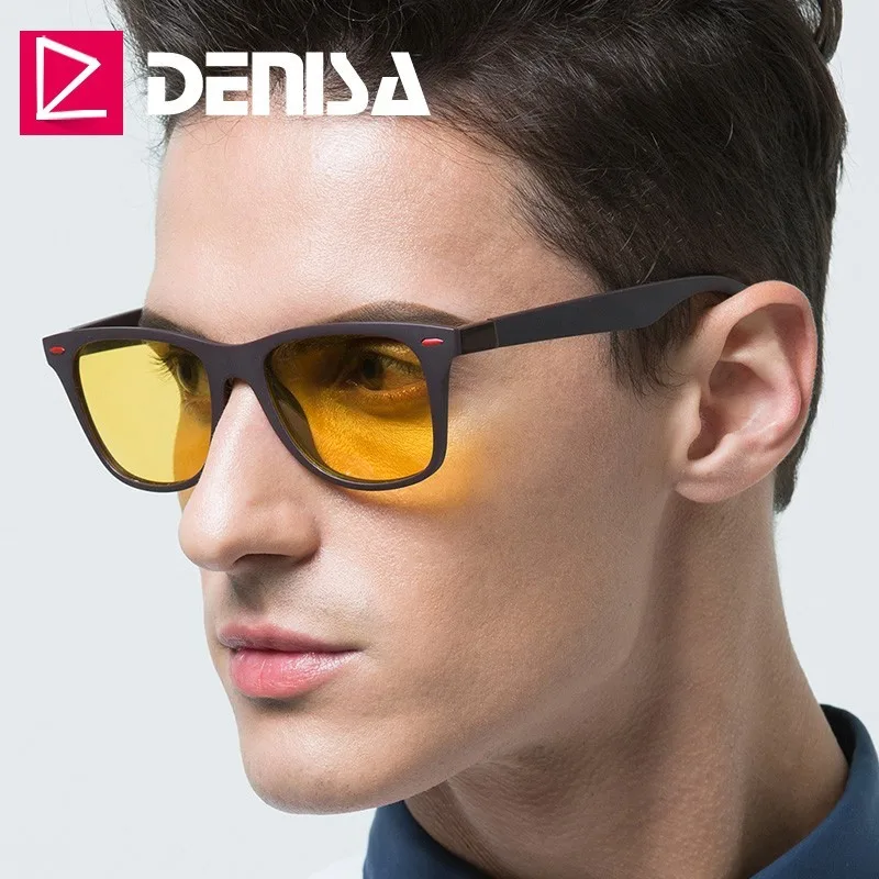 DENISA, очки ночного видения,, ультралегкие, TR90, квадратные солнцезащитные очки, мужские, поляризационные, желтые, очки для ночного вождения, UV400, T2310