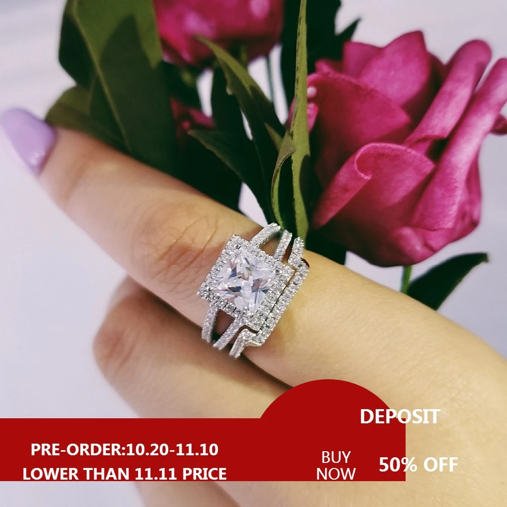 

Moonso 925 Sterling Silver Princess Cut wedding ring set for bride Luxury women Set jewelry LR1952S