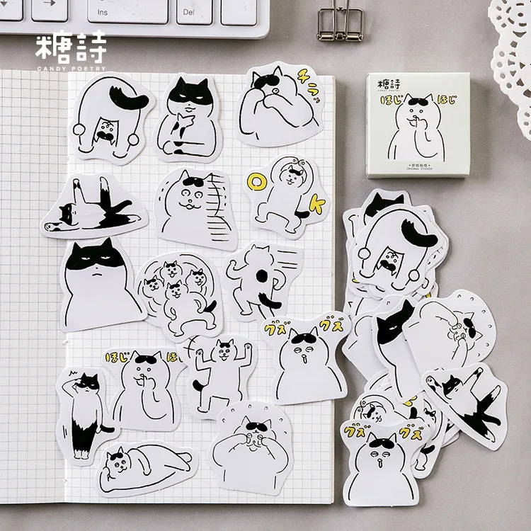 

45PCS/BOX Comedy Cat Hand Black And White Cartoon Sticker Diary Scrapbooks Decorated Cute Stationery