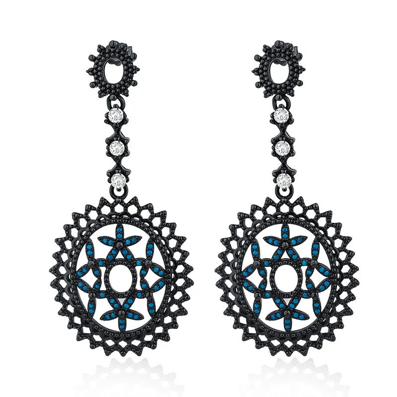 

Most Hyun Wind The Sun FLOWER High Earrings For Women Nation Ornaments Black Hollow Out Micro Silver Zircon Ear Nail