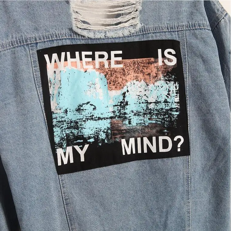 Fashion light blue hole denim jacket women korea retro letter print bomber jacket female ripped distressed cowboy coat plus size