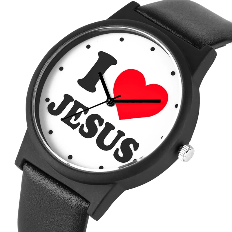 

I LOVE Jesus Dial Unique Heart Shaped Men's Wacth Clock Male Quartz Wristwatch Black PU Leather Band Religion Gift for Men Women