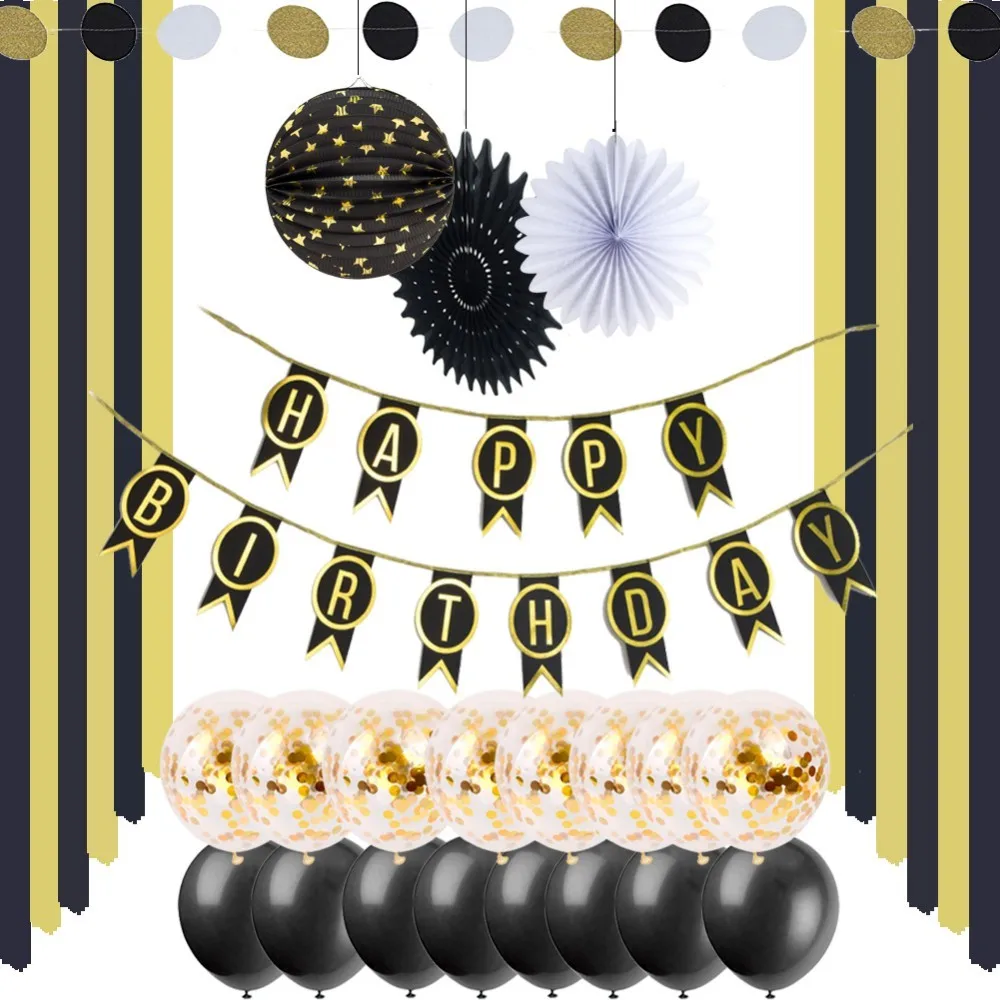 

Gold And Black Birthday Party Decorations Adult Happy Birthday Banner Latex Birthday Balloon Confetti Balloons Paper Fan Flower