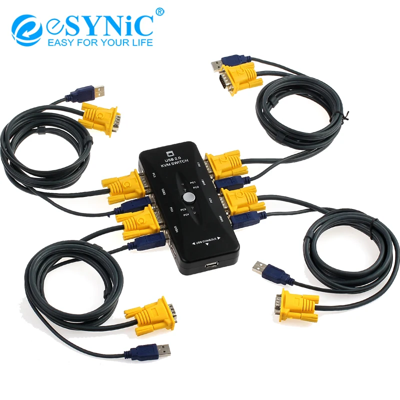 ESYNiC 4 порта USB 2 0 KVM переключатель коробка с Кабели для клавиатуры мышь монитор VGA