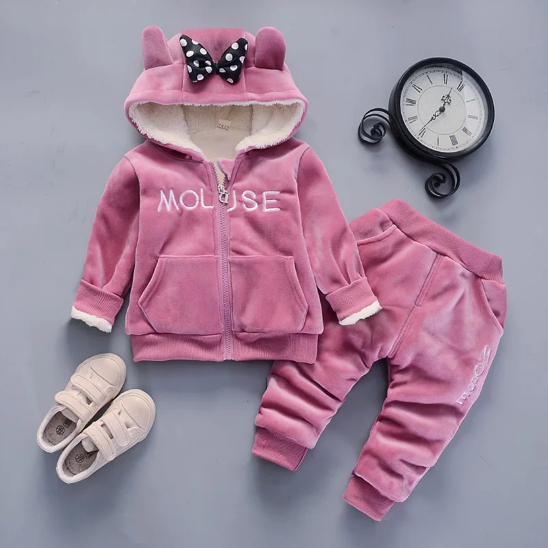 Toddler girl winter clothes new hooded plus velvet thickened arctic cashmere girls cartoon zipper jacket+ pants suit