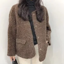 Замшевая овечья шерсть пальто Осень Зима с длинным рукавом Женские Короткие корейские свободные куртки