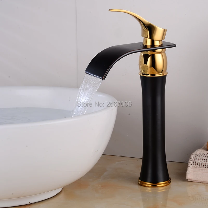 Waterfall Spout Single Handle Countertop Tall Basin Mixer Tap in Antique Black