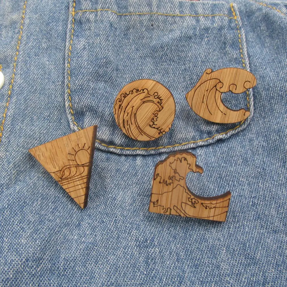 

2018 New Blue waves Brooches Enamel Pin Wooden Brooch for Coat Bag Pins Sea Jewelry Gift for Kids Girl Women