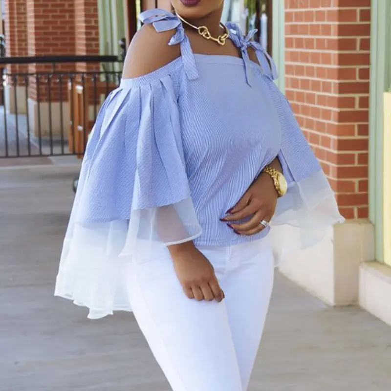 

Summer Sexy Club Elegant Office Lady Sweet Women Blouses Casual Blue Plus Size Slim Mesh Ruffles Strapless Female Tops Shirts