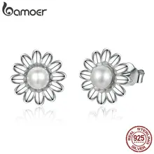 BAMOER, Новое поступление, 925 пробы серебряные серьги-гвоздики в виде цветка маргаритки из пресноводного жемчуга для женщин, ювелирные изделия из стерлингового серебра, подарок, BSE020
