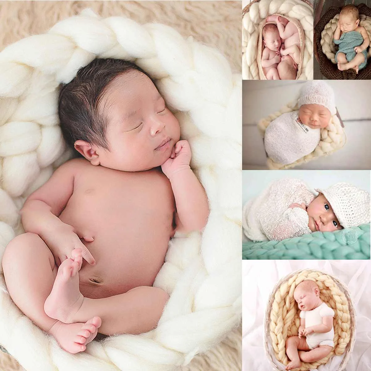 

Newborn Baby Full Month Photograph Backdrop Photo Props Soft Blanket Mat/Stuffer Sleep Kniting Twist Blanket/Black Iron Basket