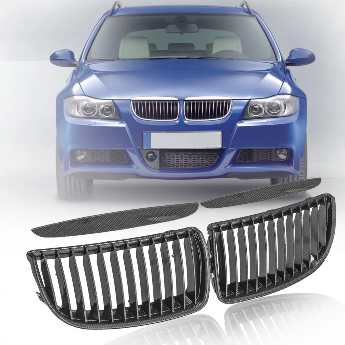 

For BMW E90/E91 Sedan Touring 4-Door 2005 2006 2007 2008 #51137120007 Pair Carbon Fiber Look Front Kidney Grill Grille