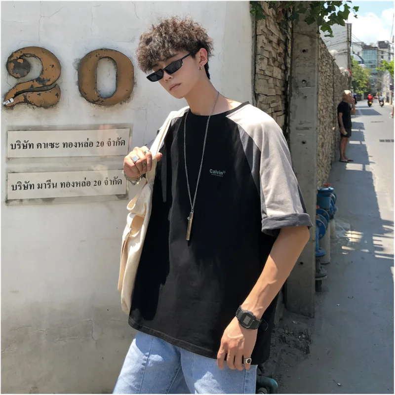 

Men's T-shirt 2019 Hong Kong style letter printing stitching contrast color T-shirt casual fashion handsome wild men's clothing