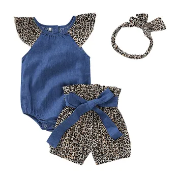 

3pcs/set Summer Baby Girls Clothes Set Denim Sleeveless Romper Tops+High Waist Leopard Bow Shorts +Headband Casual Outfits