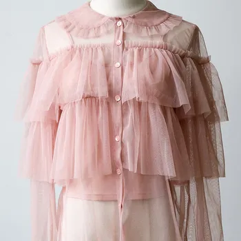 

2019 Summer Women Two Piece Pink Mesh Ruffle Tops Girls Two Piece Transparent Blouse Long Sleeve Button Tops