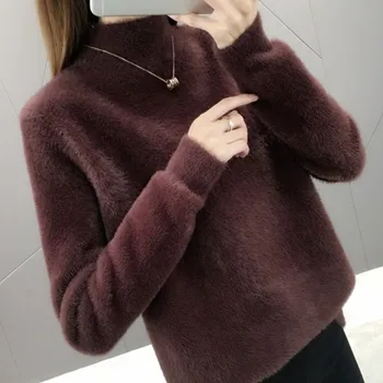 

turtleneck sweater women solid rendering sweater winter women Imitate mink fleece pullover damen candy colors sweater feminino