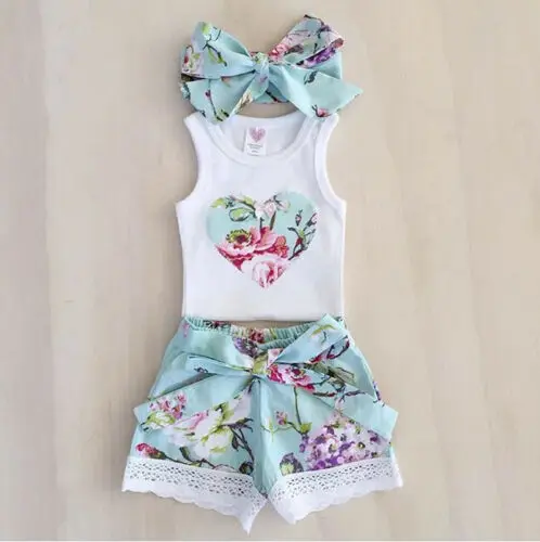 

3Pcs Toddler Baby Girl Clothes Tops Floral Vest +Lace Shorts Pants Outfits Set