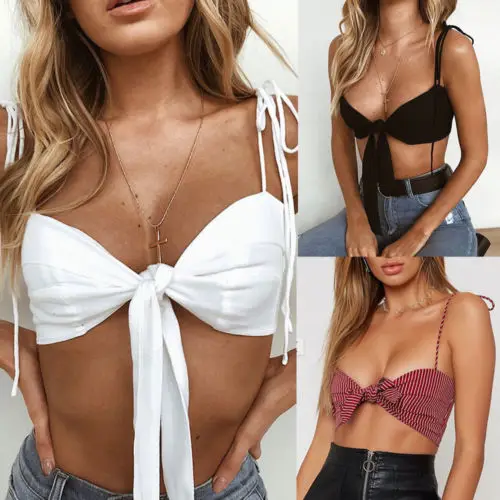 

2019 New Women Summer Front Bow Tie Crop Top Sleeveless Plunge V-Neck Tank Tops Vest