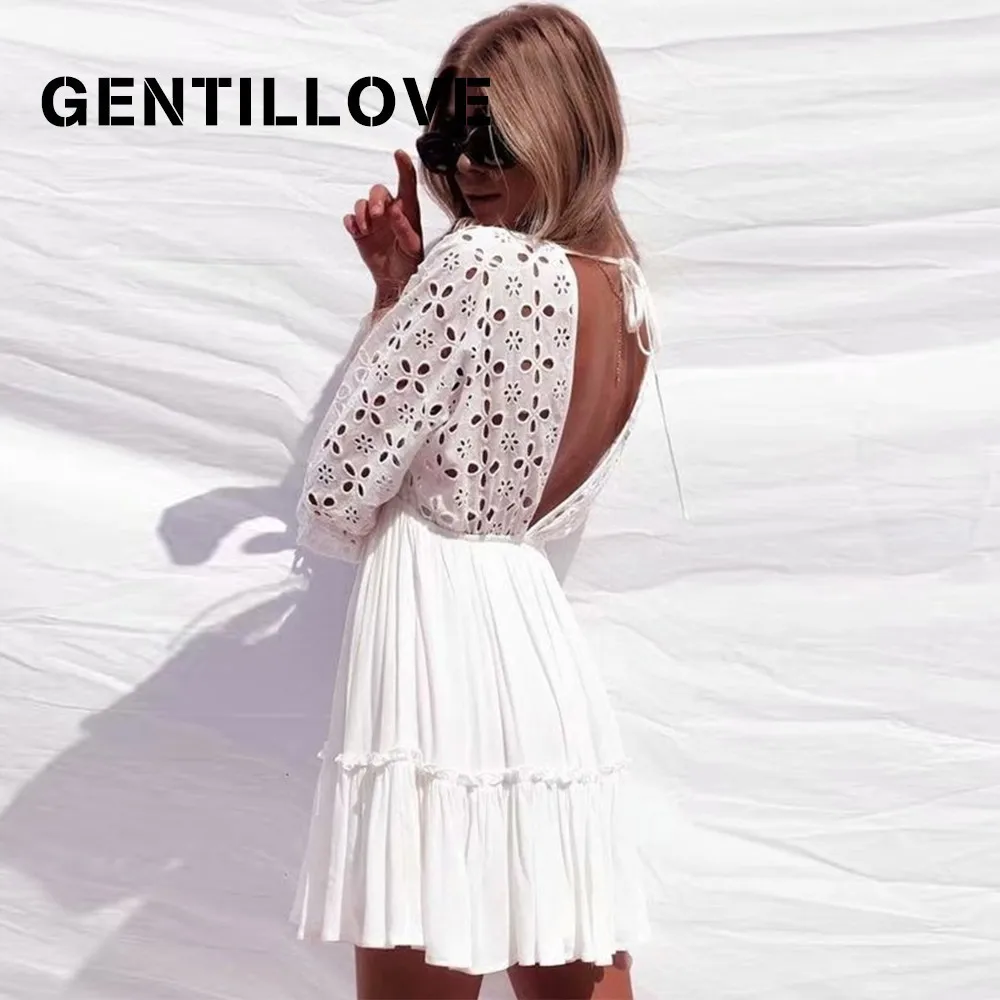 

Gentillove Elegant White Dress Sexy Hollow Out V Neck Embroidery Dresses Casual Ruffle Pleated Lace Up Summer Dresses Vestidos
