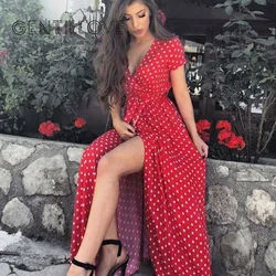 Women Sexy Short Sleeve V Neck Sashes Dot Long Dress Summer Beach Split Maxi Dress Elegant Party Dress Casual Sundress