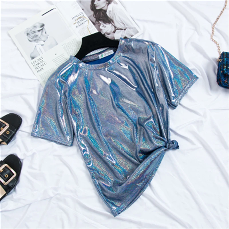 

2019 Women Tshirts Summer High Street Twinkle O-Neck Fashion Casual Tops Solid High Quality Lady Clothing